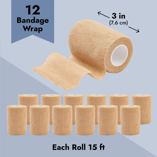 12-Rolls Self Adherent Bandage Wrap, Vet Tape - 3 In x 5 Yds Breathable, Elastic Cohesive Wrap Tape for Wrist, Swelling, Sports, Tattoo (Tan) {5}