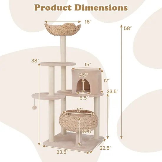Beige Cattail Cat Tower with 7 Full-Wrapped Scratching Posts and Soft Padded Cushions {5}