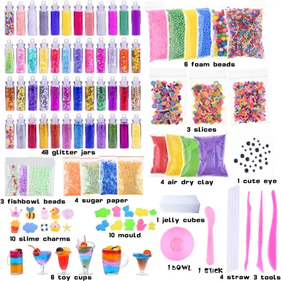 Slime Supplies Kit, 135 Pack Slime Making Kit 30 Crystal Slime, Glitter Jars, Charms, Sugar Paper, Foam Beads, Fishbowl Beads, Toy Cups, Slices, Air Dry Clay and Tools for Kids Girls {2}
