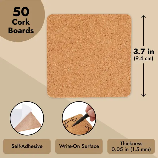 Juvale 50 Pack Square Self Adhesive Cork Board Backings for DIY Crafts, Projects, Customizable Blank Tiles, Cork Squares for Coasters, Decor (1.5 mm Thick, 3.7 in Length) Brown {5}
