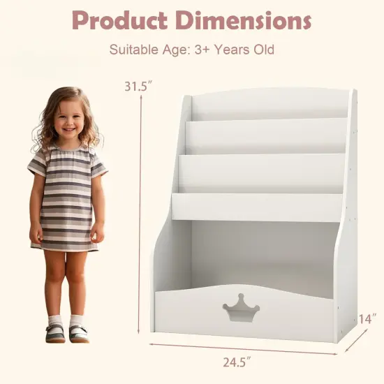 White MDF Kids Bookshelf with 4-Tier Storage, Hidden Compartment and Safety Features {6}