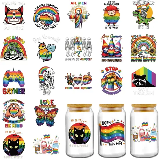 LGBT Pride UV DTF Stickers - 20 Sheets Gay Pride Rainbow Uvdtf Cup Wraps for 16 oz Glass Water Bottle, LGBTQ Equality Parades Funny Cat Butterfly Transfer Sticker Decals Mug Decor Gift for Lesbian {1}