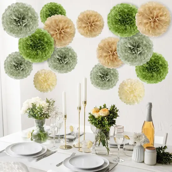 Olive Sage Green Tissue Paper Pom Poms Ceiling Decors Safari Jungle Party Decorations Paper Flowers Decorations Natural Green Boho Hanging D&eacute;cor for Birthday Baby Shower Bridal Wedding Party Supplies {2}