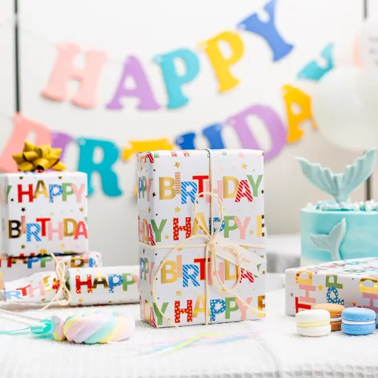 Colorful Wrapping Paper Roll, Happy Birthday Gift Wrap - 17 In X 32.8 Ft - 1 Roll (46.5 sq.ft.ttl.) Foil Happy Birthday Lettering & Candles Wrapping Paper for Birthday, Baby Shower, Party {2}