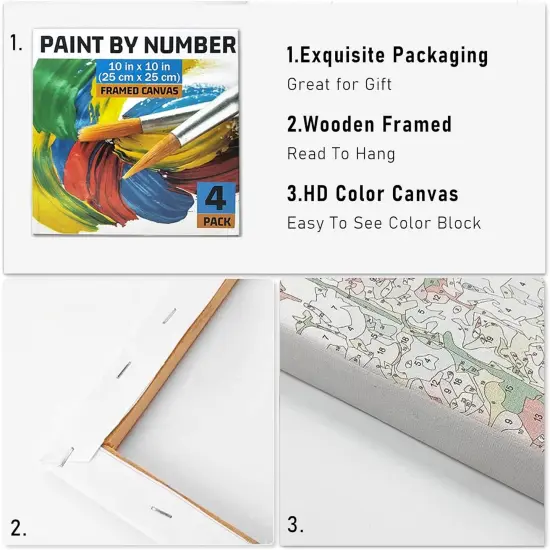 Flowers Paint by Number for Adults Canvas Framed, 4 Pack 10"x10" Easy Framed Paint by Number Kits for Beginner Kids, DIY Simple Flowers Acrylic Oil Painting Number Kits with Frame {3}
