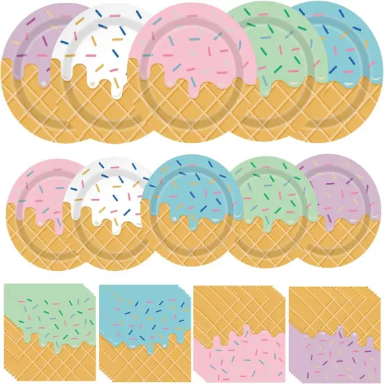 Ice Cream Party Decorations 100Pcs Ice Cream Plates and Napkins for Kids Girls Baby Shower Ice Cream Birthday Party Supplies {1}