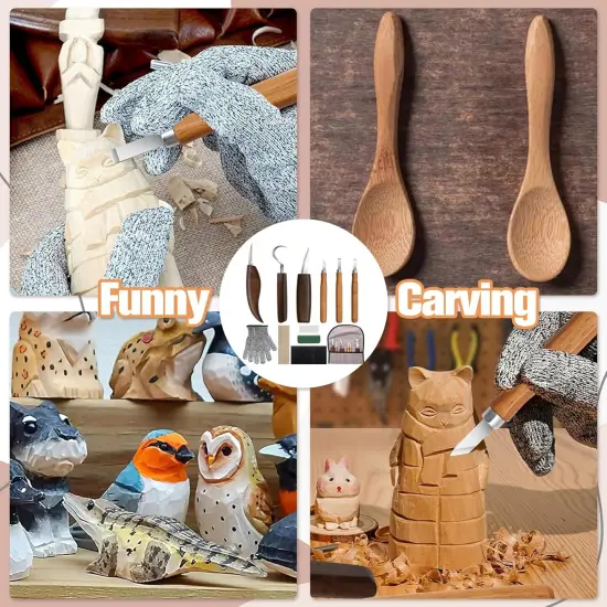 12-Piece Wood Carving Tool Set with Hook Knife, Detail Knife, Chipping Knife, Cut-Resistant Gloves, Sandpaper & Sharpening Strop &ndash; Complete Carving Kit with Carrying Bag for Beginners & Professionals {4}