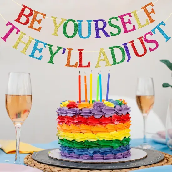 Pride Banner, Be Yourself They'll Adjust, Rainbow Pride Month Decoration, Glitter Rainbow Banner, LGBTQ+ Party Decor, Gay Pride Decor {4}