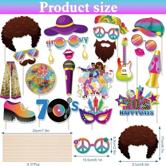 37 PCS 70s Photo Booth Props - 70s Party Decor, Disco Props & Backdrop {2}