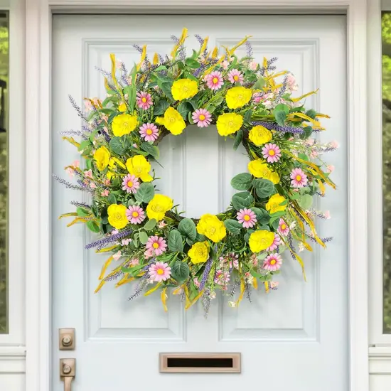 24'' Spring Wreaths for Front Door Decor Artificial Eucalyptus Flowers Summer Wreath with Poppy Daisy Lavender Floral Indoor Outdoor Wreaths Wedding Easter Party Farmhouse Wall Window Porch Home Decor {5}