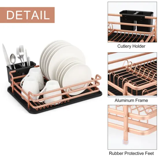 Smart Space-Saving Steel Dish Drying Rack with Removable Cutlery Holder & Drainer Tray &ndash; Anti-Slip Base &ndash; Compact for Apartments (16.92&rdquo;L x 12.4&rdquo;W) Gold {3}