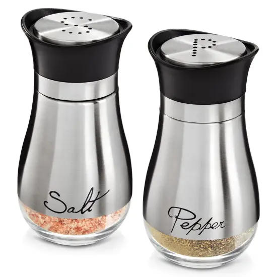Stainless Steel Salt and Pepper Shaker Set with Glass Bottom, Perforated "S" and "P" Caps - Modern Kitchen Counter Decor (4oz) Silver {1}