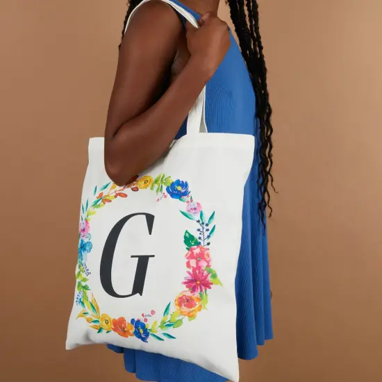 Set of 2 Reusable Monogram Letter G Personalized Canvas Tote Bags for Women, Floral Design (29 Inches) White {3}