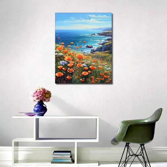 Paint by Number for Adults Flowers Sea Landscape Paint-by-Number Kits Poppies Ocean Kids Adult Paint by Number Sea View DIY Painting by Numbers for Adults Canvas Arts Craft, 16"x20" {2}