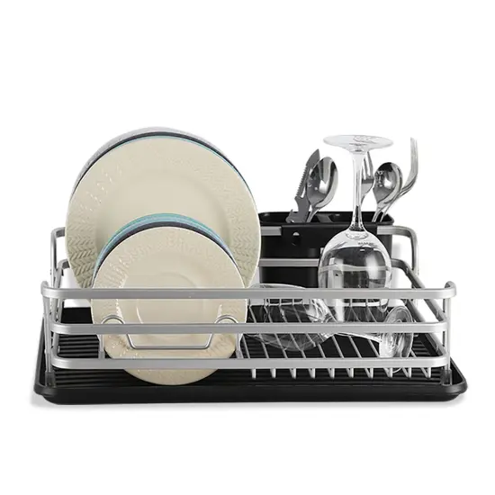 Smart Space-Saving Steel Dish Drying Rack with Removable Cutlery Holder & Drainer Tray &ndash; Anti-Slip Base &ndash; Compact for Apartments (16.92&rdquo;L x 12.4&rdquo;W) Silver {4}