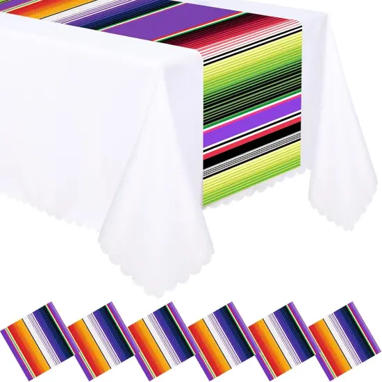 6 Pcs Plastic Mexican Table Runner Disposable Serape Table Runner 14 x 108 Inch Mexican Theme Party Decor Fiesta Colorful Striped Tablecover for Cinco De Mayo Party(Purple) {1}