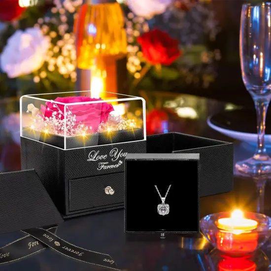 Preserved Dark Pink Real Rose with Heart I Love You Necklace -Eternal Flowers Rose Birthday Gifts for Women Her Mom Wife Girlfriend Grandma on Valentines Mothers Day Christmas Anniversary Romantic {3}