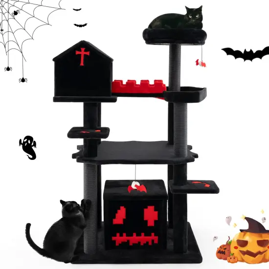 6-Tier Gothic Cat Tree Tower Activity Center with Church-Shaped Condo and Coffin-Shaped Bed {4}