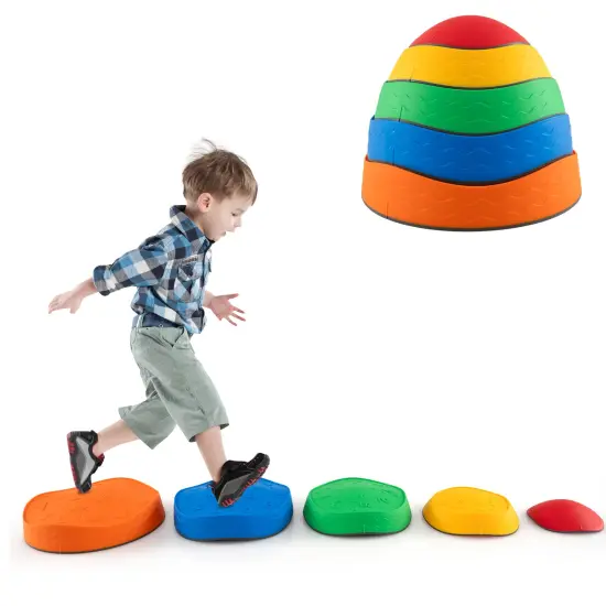 5 Pieces Kids Stepping Stones Stackable Round River Stone Indoor Outdoor-Multicolor {2}