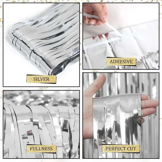 10 Pack Silver Themed Party Decorations, 3.3x6.6 ft DiscoFoil Fringe Curtains, Tinsel Backdrop, Wedding or Engagement Photo Booth Prop Streamer Backdrop for Birthday, New Year's Eve Countdown {4}
