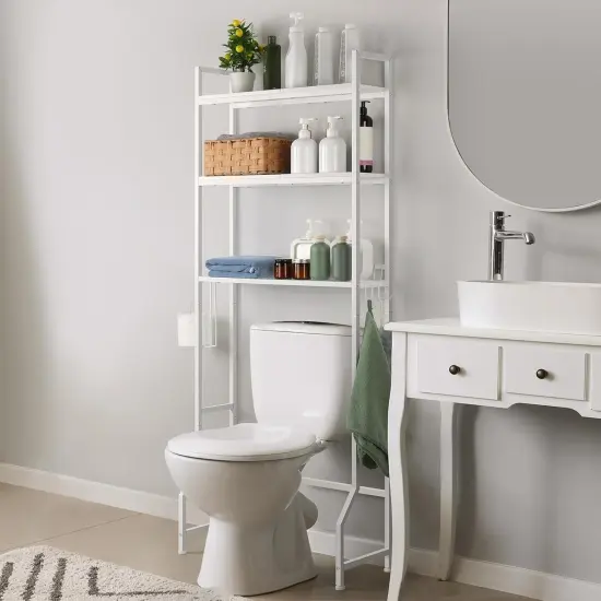 3-Tier Over-The-Toilet Storage Shelf with Toilet Paper Holder | 35.6" Height-Adjusted White Wooden Organizer | Anti-Tip Space Saver for Small Bathrooms & Laundry Rooms {6}