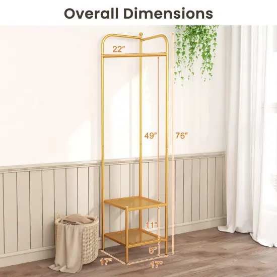 Corner Coat Rack with Top Hanger and 2 Mesh Shelves for Entryway Golden {5}