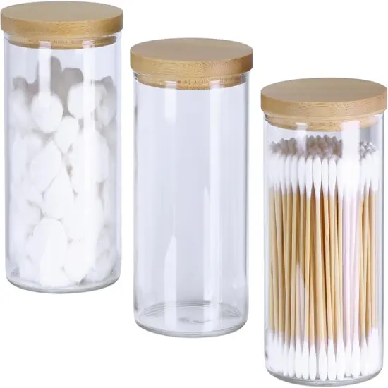 3 Pack Glass Qtip Holder Bathroom Set, Clear Apothecary Jars with Lids, Cotton Ball Swab Round Holder Bathroom Essential Canisters Accessories for Organization and Storage {1}