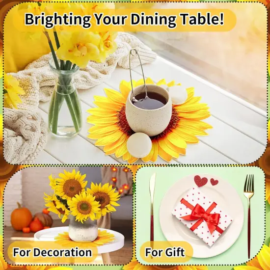 Leather Summer Sunflower Placemats Set of 6 Sunflower Shape Table Mat Washable Summer Floral Place Mats for Spring Tables Home Kitchen Dining Indoor Outdoor Party Gift Harvest Decoration {5}