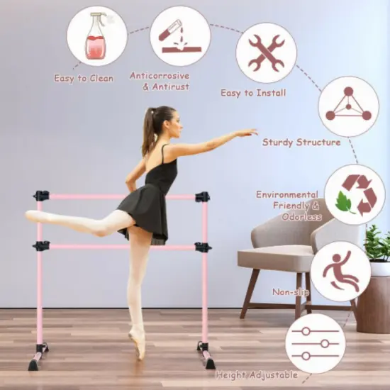 Adjustable Freestanding Ballet Barre with Double Poles and Non-Slip Feet Pink {3}
