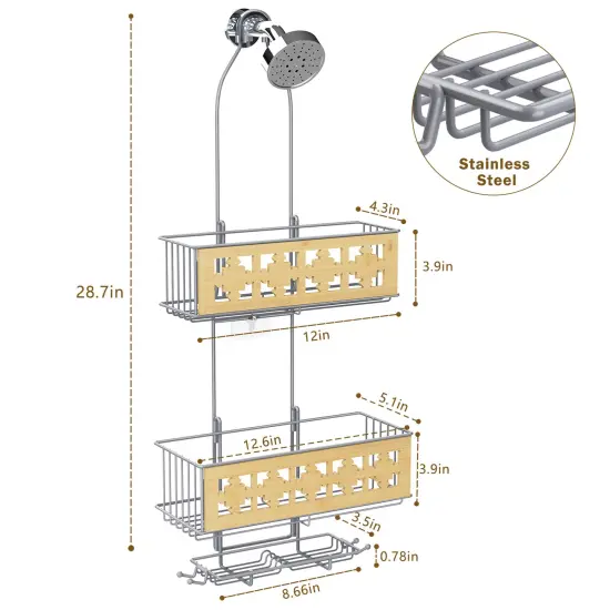 3-Tier Hanging Shower Caddy Over Shower Head &ndash; Rustproof Bathroom Organizer with Soap Holder, Bamboo Board & Hooks, No-Drill Installation (28.7"H, 40 lb Capacity) Silver {3}