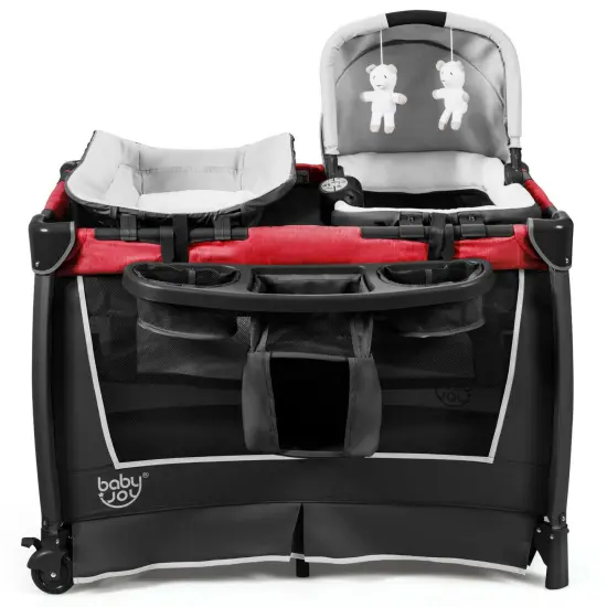 4-in-1 Convertible Portable Baby Play yard with 2 Hanging Toys and Music Box Red {9}