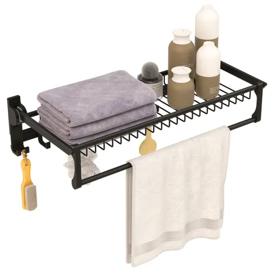 Foldable Space Aluminum Wall Towel Rack with Hooks & Shelf &ndash; Black {4}