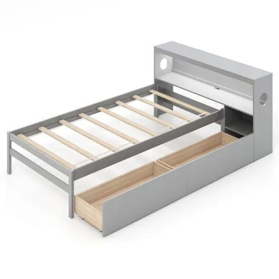 Solid Wood Bed with Storage Headboard, LED Light, USB Ports and Drawers Gray {1}