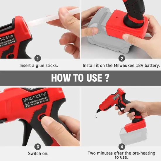 Cordless Hot Glue Gun for Milwaukee 18V Battery, Hot Glue Gun Kit for Milwaukee Tools in Crafting, Wood, PVC, Glass, Home Repair with 30 Pcs 0.27 * 5.9 inch Hot Glue Sticks (Battery Not Included) {3}