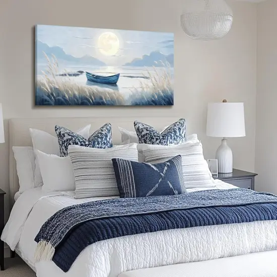 Large Wall Art for Living Room Bedroom Decor - Modern Nautical Beachy Ocean Beach Seascape Nature Artwork with Blue Boat Moon Lake Mountain Sea - Relaxing Serene Canvas Picture for Coastal Rustic Home {2}