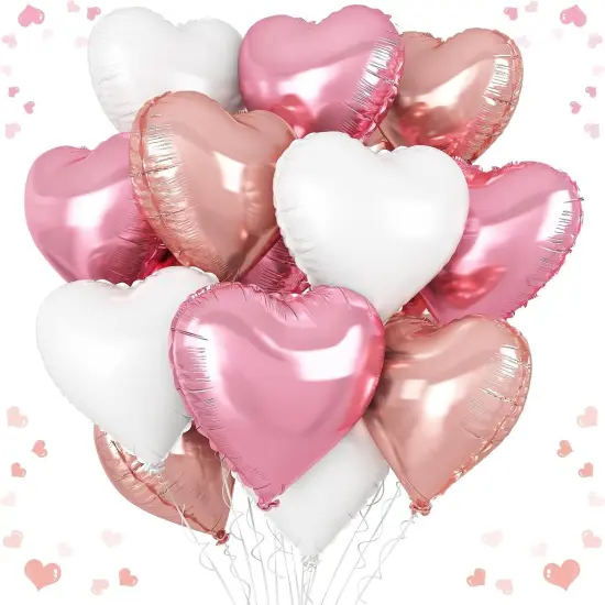 Pink White Heart Balloons, 18 Inch White Rose gold Heart Shape Balloon, 12PCS Pink and Rose Gold Helium Mylar Heart Balloon for Birthday Baby Shower Engagement Wedding Valentine Party Decoration {1}