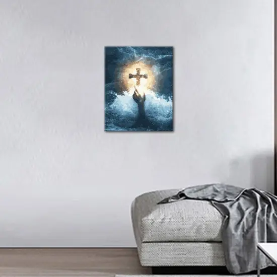 Jesus Paint by Numbers Kits Glowing Cross Paint by Number Wall Art Decor DIY Stormy Ocean Waves Paint by Numbers Crafts with Brushes Kits Hand Glowing Cross Artwork 16x20 in (Frameless) {2}
