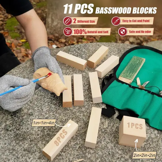 Wood Carving Kit, Whittling Kit for Beginners 17PCS Wood Carving Tools with 3PCS Whittling Knife 9PCS Basswood Blocks & Gloves & Strop Block & Polishing Compound Wood Carving Set Hobbies for Adults {4}