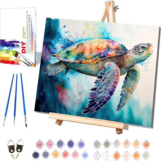 Sea Turtle Paint by Numbers for Adults with Framed Canvas-with Wooden Easel,Turtle Paint by Number on Canvas {1}