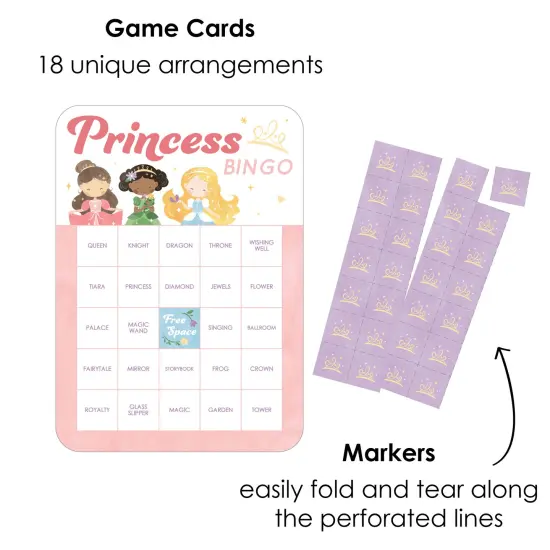 Big Dot of Happiness Princess Bingo Cards and Markers, Princess Birthday Party Bingo Game Activity for Kids - Set of 18 {3}
