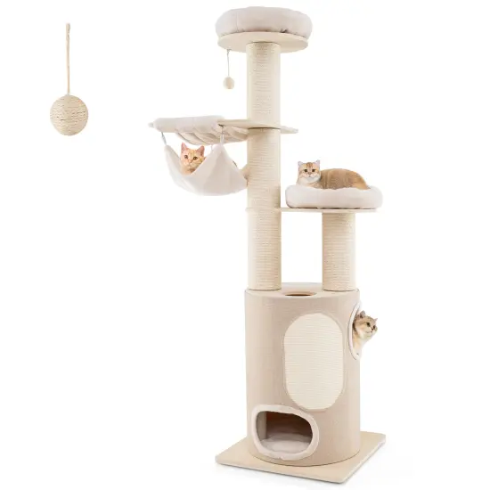 74 Inches Tall Wooden Cat Tower Tree with 4 Scratching Posts and 4 Cat Holes {1}