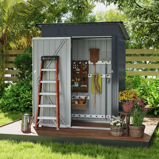Grey Galvanized Metal Outdoor Storage Shed with Lockable Door, Vents, and Roof {2}