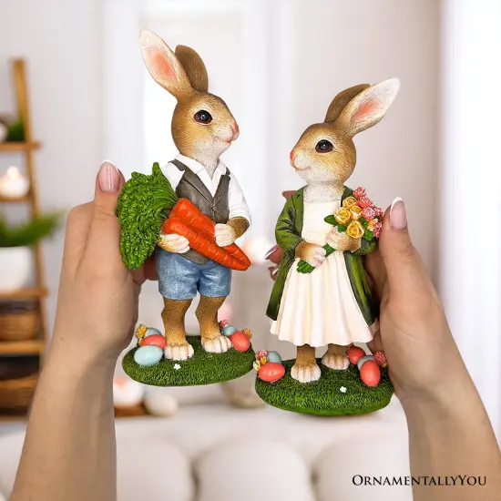 Harvest and Bloom Country Bunny Pair Figurine, 8" Rabbit Garden Statue Set {6}