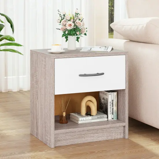 Nightstand with Drawer, Open Shelf, Modern Design and Sturdy Structure Light Gray {2}