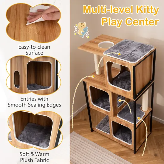 Natural Gray Engineered Wood Multi-Level Cat Tower with Metal Frame {6}