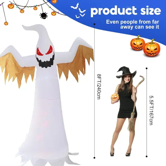 8FT Giant Halloween Inflatable Ghost with red Flame lamp Inside, Blow up Halloween Inflatable Outdoor Decoration Jumbo Party Yard Decoration (Ghost with Flame lamp) {2}