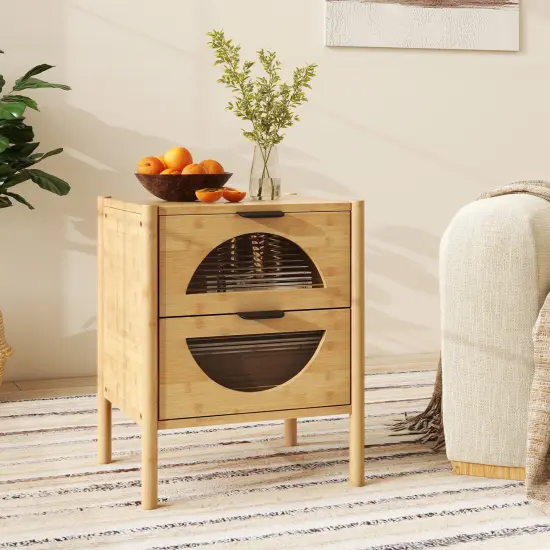 Bamboo Nightstand with 2 Storage Drawers and Reeded Tempered Glass Fronts-Natural {6}