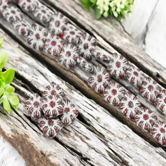 *13* 11mm Antique White Washed Opaque Red Travertine Square Zinnia Flower Beads {5}