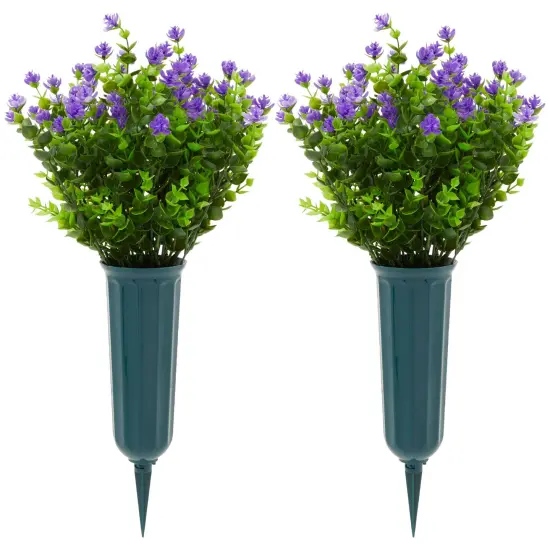 Purple Artificial Flowers for Cemetery with 2 Cone Vases, Small Bouquets for Grave Decorations (2.9 x 2.9 x 7 Inches, 6 Bundles) {1}