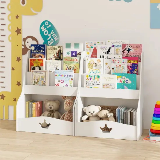 White MDF Kids Bookshelf with 4-Tier Storage, Hidden Compartment and Safety Features {3}